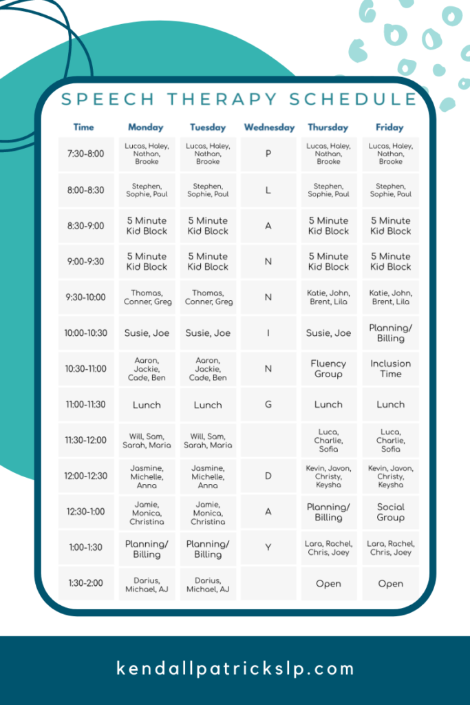 example of a completed speech therapy schedule, filled in on template