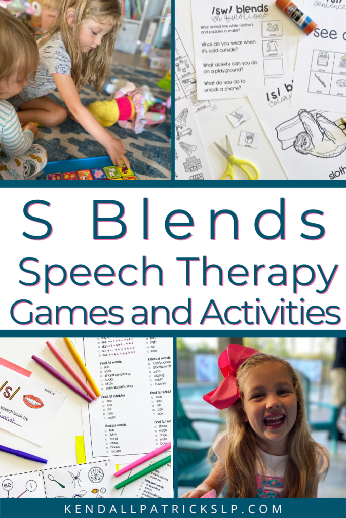 Pictures of different speech therapy games and activities - on the floor, at the table, worksheets, foldables