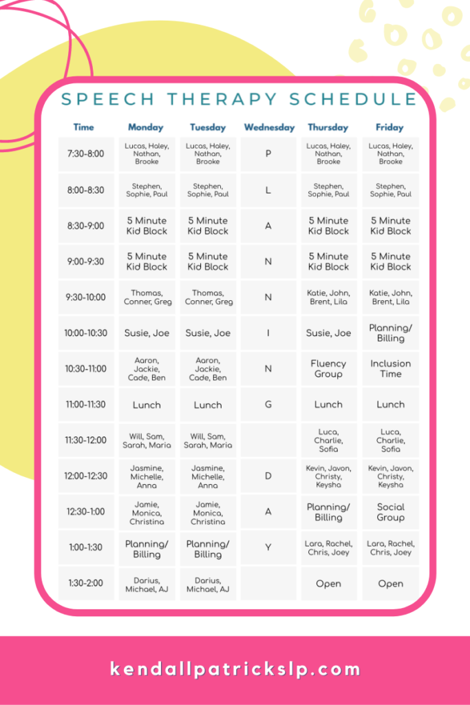 picture of a sample speech schedule with various service delivery models