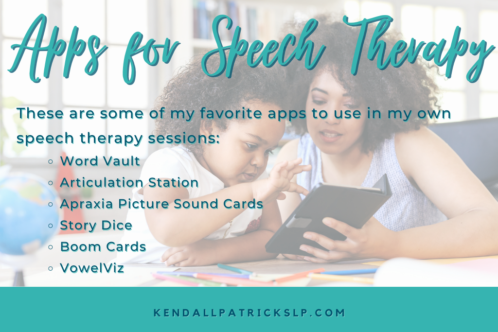 list of apps for speech impaired, to use in therapy with background picture - SLP and student working on a tablet