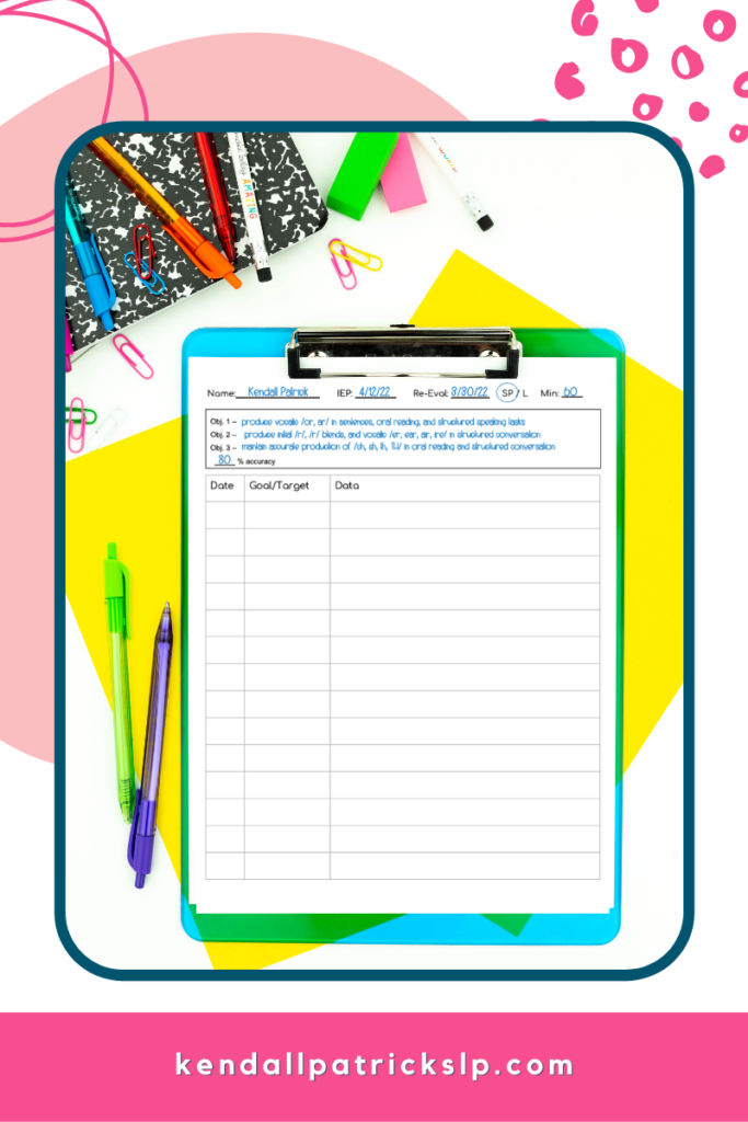 speech impaired data sheet on a clipboard with paper and pens surrounding it