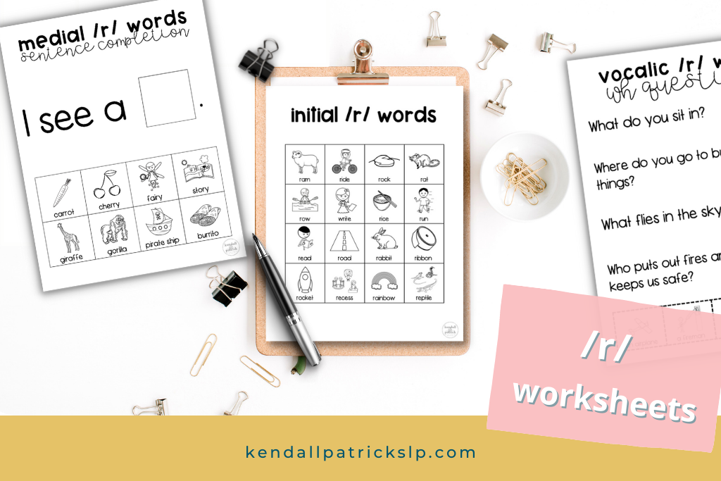3 different articulation r worksheets with pictures, sentence starters, and questions on a desk