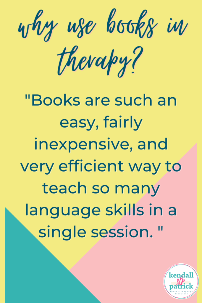 quote from text on yellow, blue, pink background about why to use books in therapy