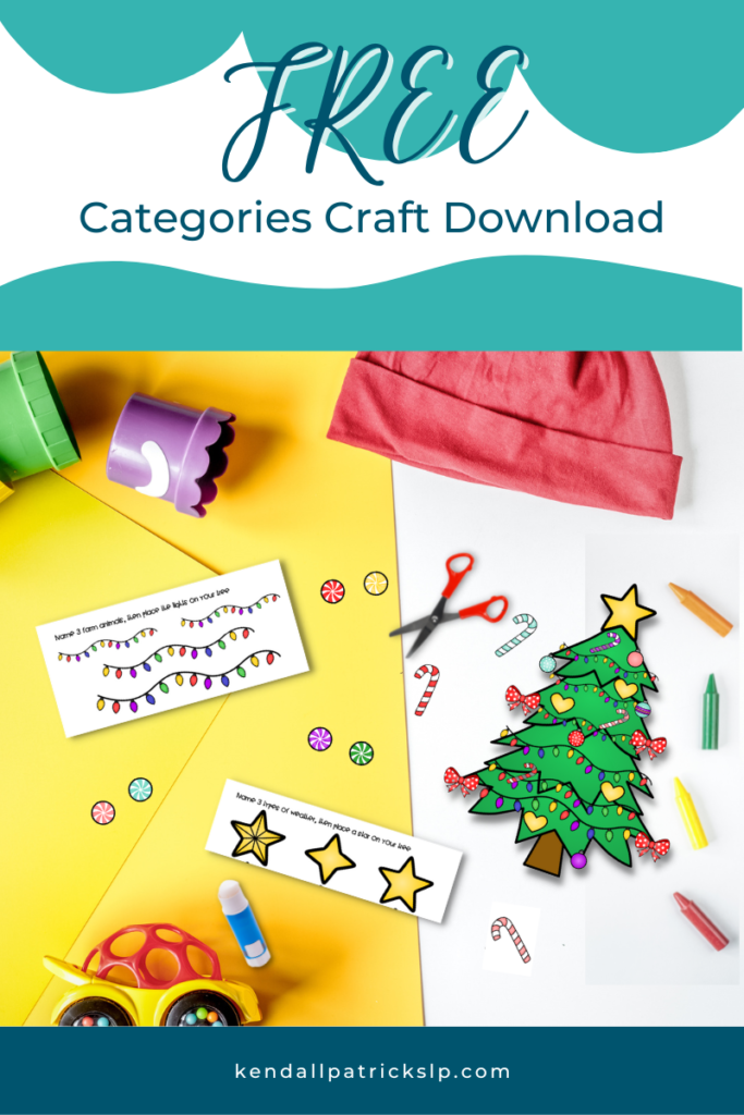 Christmas craft with a Christmas tree, lights, stars, and ornaments made out of paper with category prompts, on yellow and white background