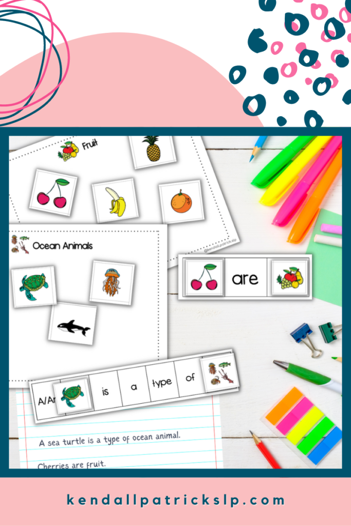 Printed category activities, pictures cut out and sorted into categories, sentence strips with category items and category names with pictures