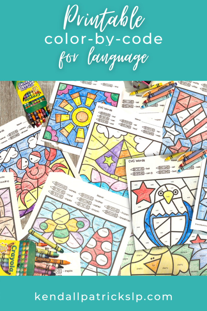 picture of a variety of coloring pages for speech and language goals on teal background