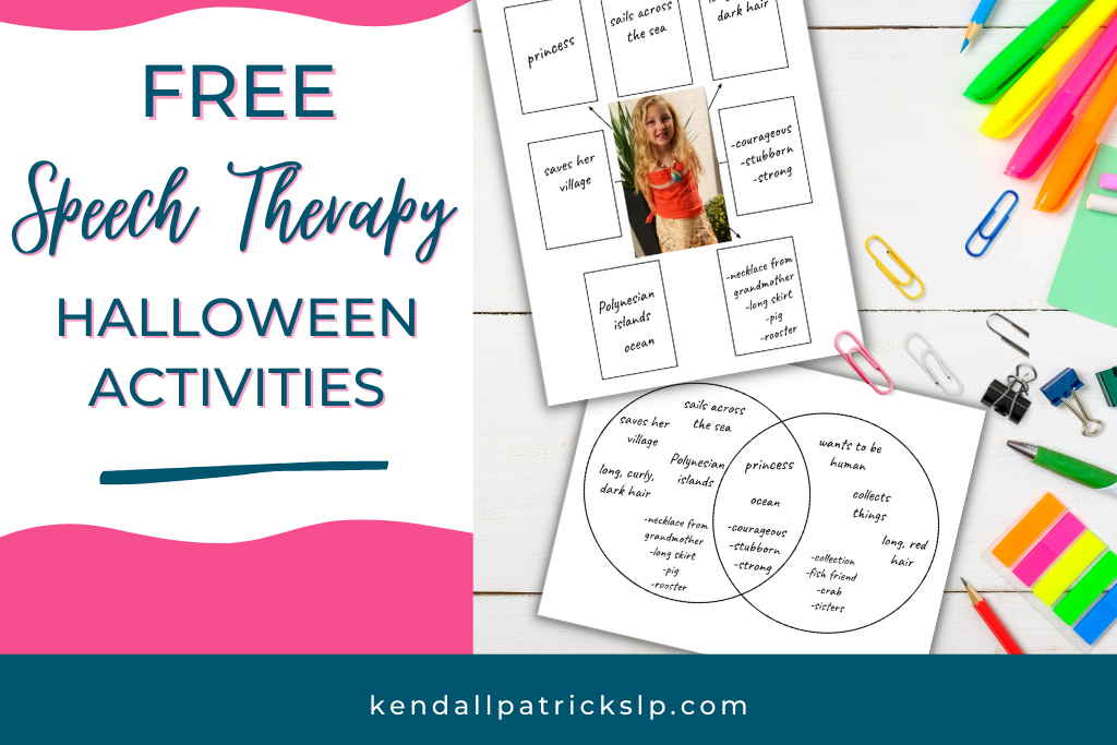 2 speech worksheets (graphic organizer for Halloween costume and compare/contrast Venn diagram) on pink and blue background with highlighters and paperclips around