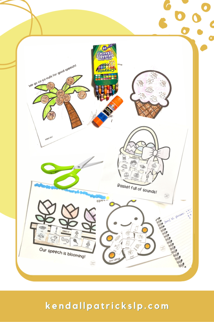 picture of speech crafts with printable crafts, scissors, glue, and crayons