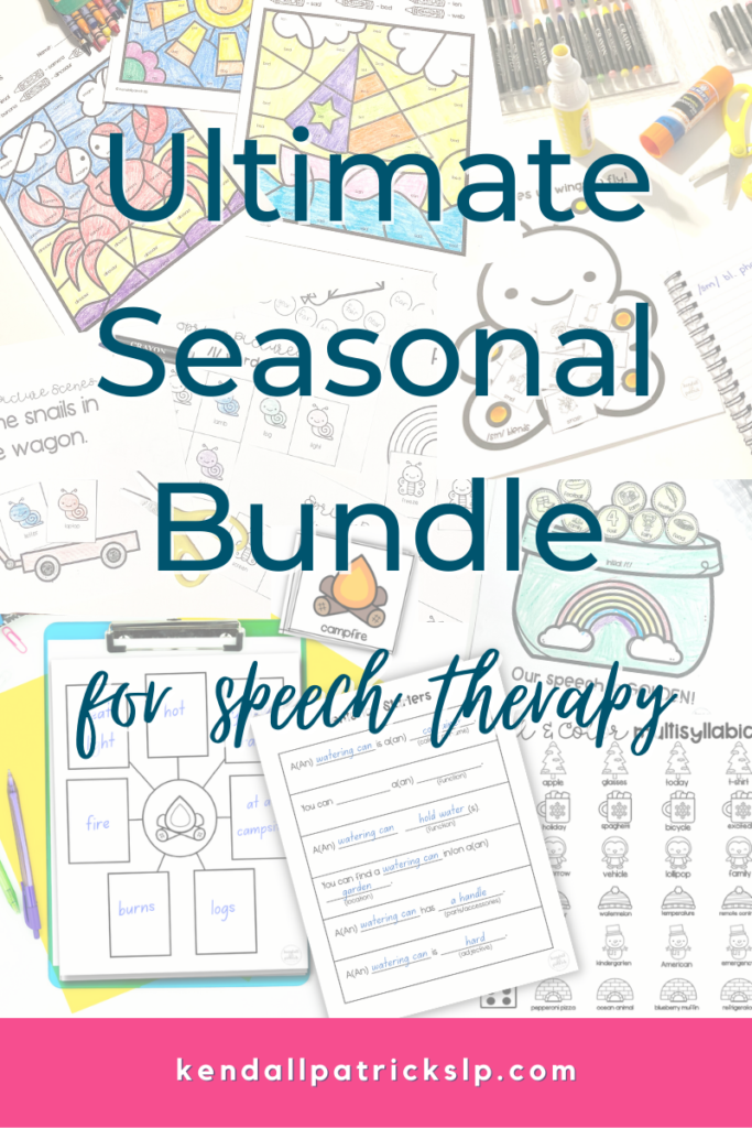 Seasonal Bundle of speech-language activities - background is a collage of activities (graphic organizers, crafts, roll and color, color by code)