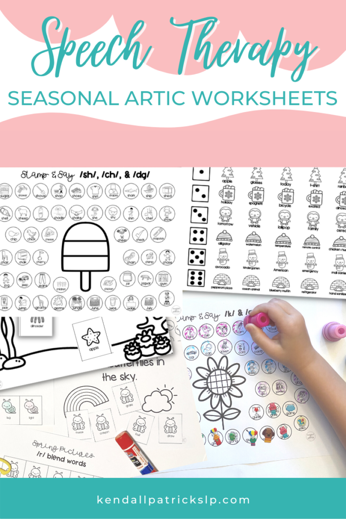Example speech therapy seasonal articulation sheets for Summer (popsicle stamp sheet), Winter (roll and color), Fall (sunflower stamp sheet), Spring (rainbows and snails