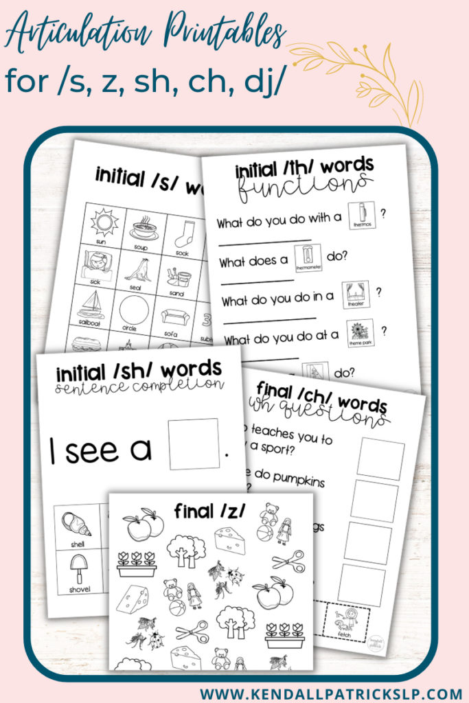 picture of worksheets for working on s, z, sh, ch, dg, th sounds on pink background