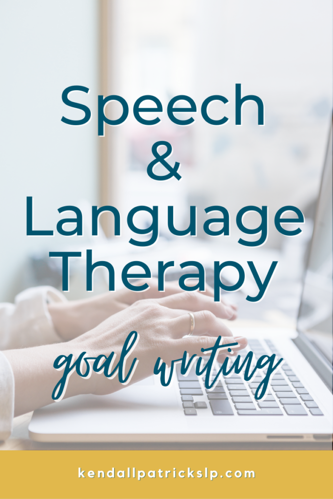 hands typing speech and language therapy goals on laptop