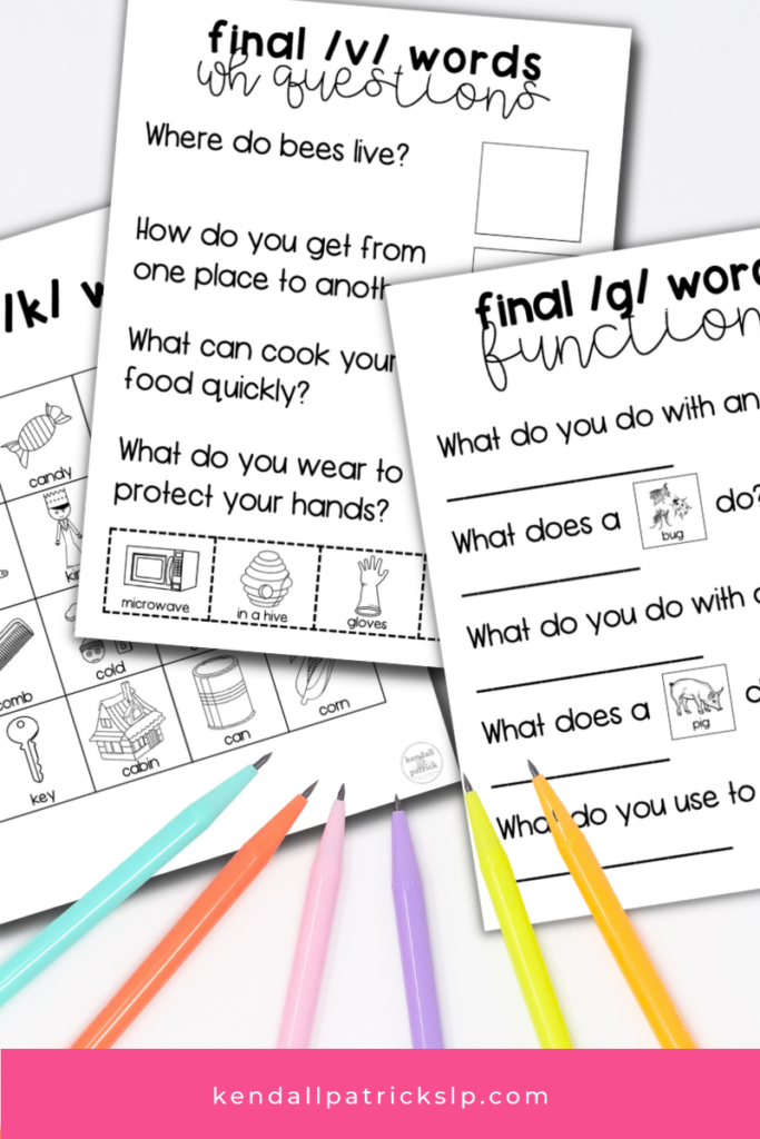 various articulation worksheets on a table
